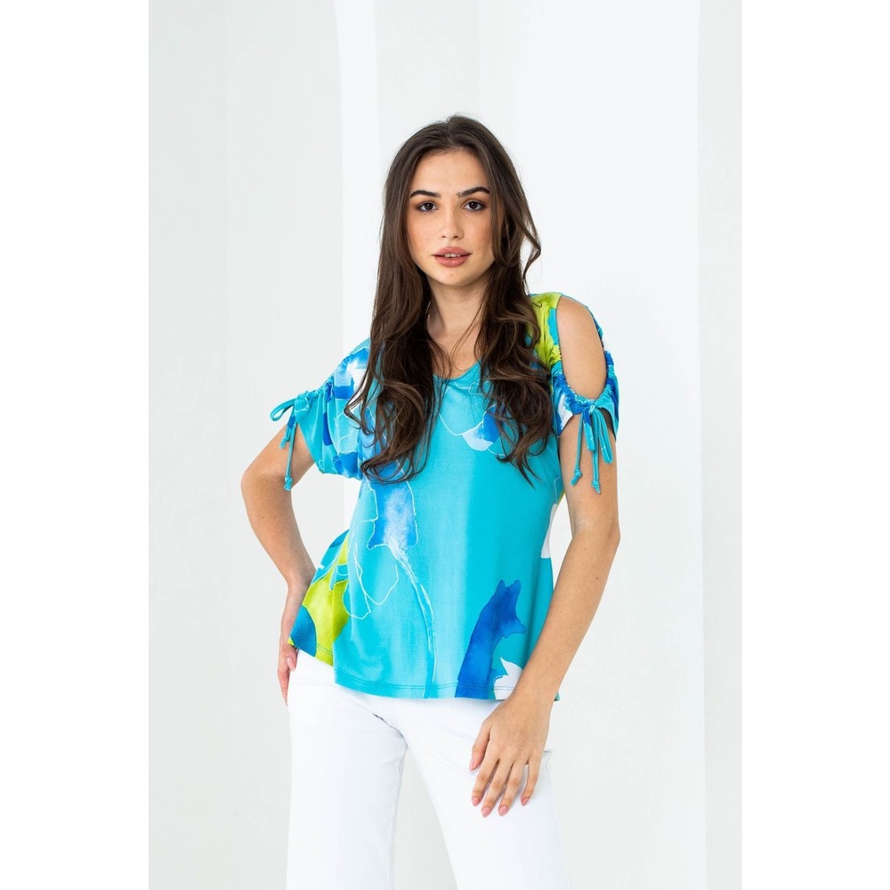 Artex Fashions Womens Size M V-Neck Floral Drawstring Cold Shoulder Top Blue NWT